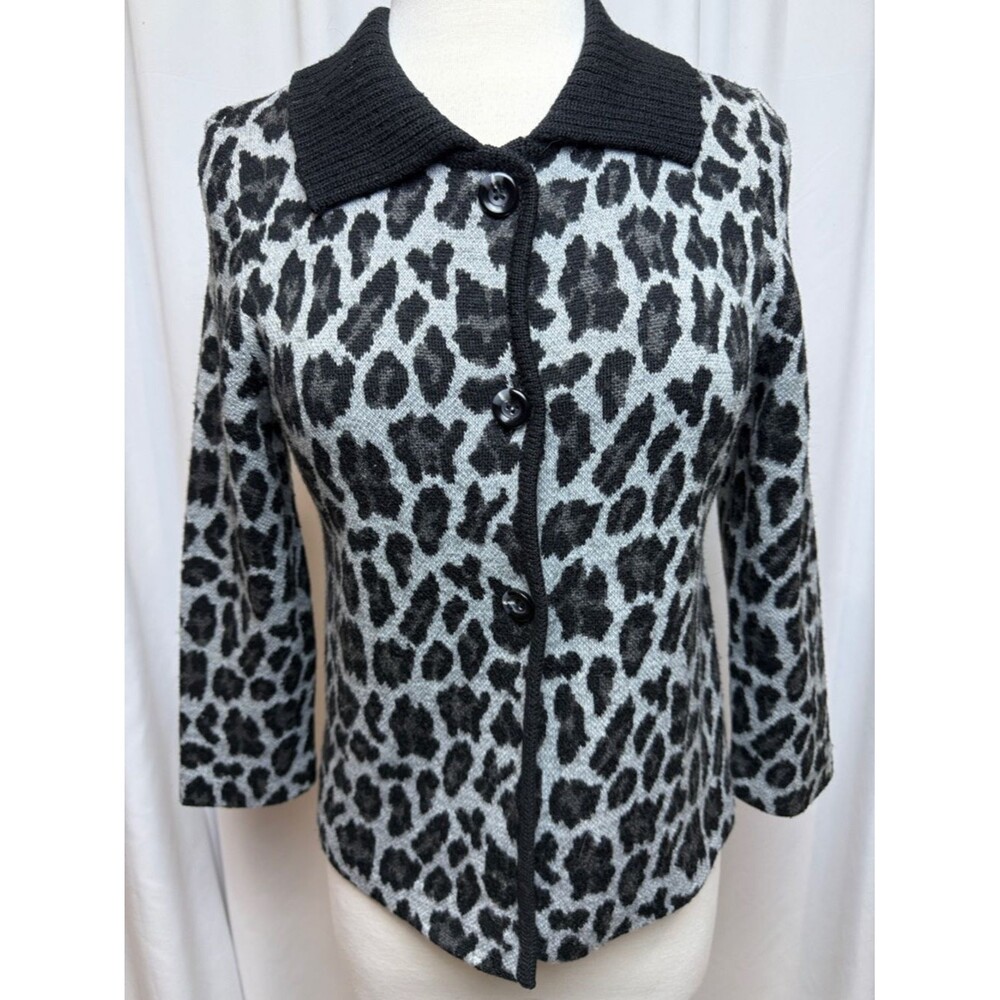 Rafaella Gray and Black Leopard-Print Cardigan, Small